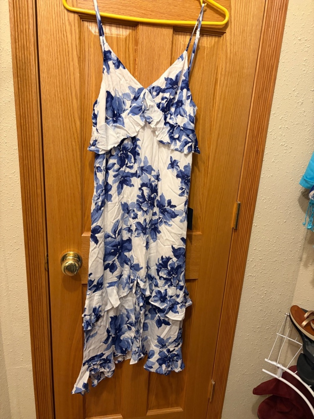 Lulu's White Maxi Dress with Blue Floral Ruffle Details